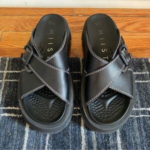 Miista Lacey Black Contrast Stitch Slide Sandals